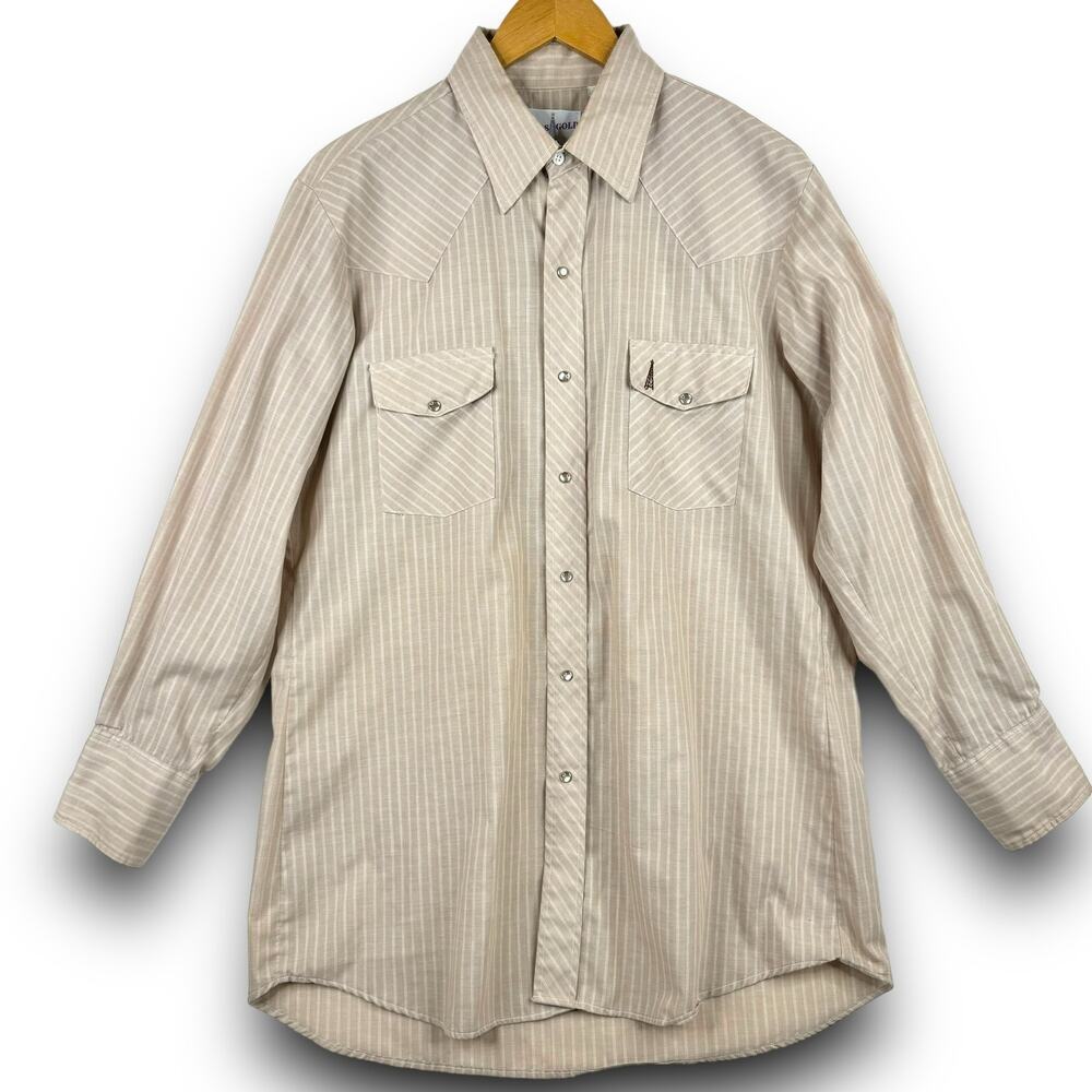 Vintage Texas Gold Pearl Snap Western Style Shirt Long Sleeve Tan Striped Large